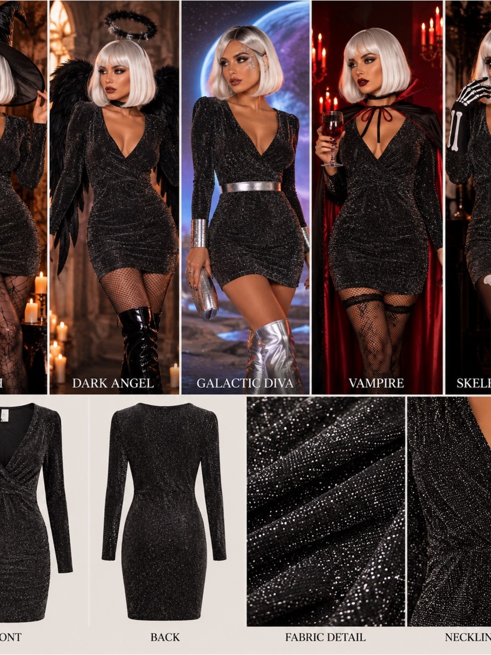 Metallic Sparkle Black Long-Sleeve Wrap Mini Dress